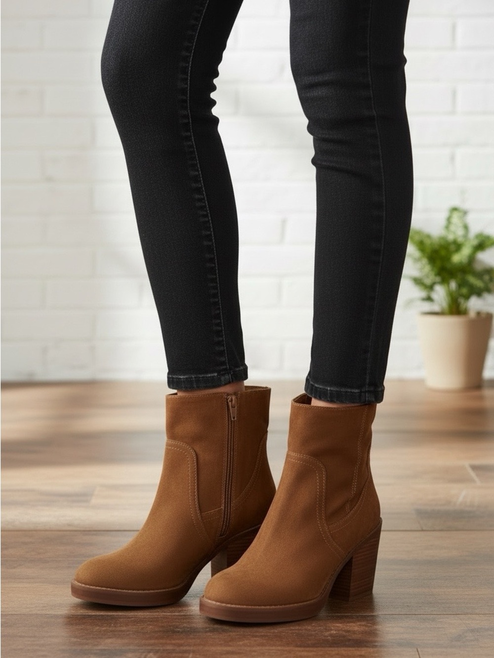 Women’s Brown Suede Block Heel Ankle Boots with Side Zip